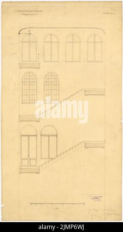 Messel Alfred (1853-1909), Darmstadt Bank für Handel und Industrie, Berlin. Neuaufbau (Oktober 30.): Längsschnitt des Treppenhauses 1:25. Bleistift auf transparent, 83,4 x 46,3 cm (inklusive Scankanten) Messel Alfred (1853-1909): Darmstädter Bank für Handel und Industrie, Berlin. Neueinrichtung Stockfoto