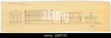 Messel Alfred (1853-1909), Darmstadt Bank für Handel und Industrie, Berlin. Neue Einrichtung (1902-1902): Möbel im Atrium 1:10. Bleistift auf transparent, 31,9 x 107,6 cm (inklusive Scankanten) Messel Alfred (1853-1909): Darmstädter Bank für Handel und Industrie, Berlin. Neueinrichtung Stockfoto