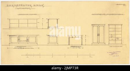 Messel Alfred (1853-1909), Darmstadt Bank für Handel und Industrie, Berlin. Neue Einrichtung (1902-1902): Möbel in der Materialausgabe. Bleistift auf transparent, 25,9 x 51,8 cm (inklusive Scankanten) Messel Alfred (1853-1909): Darmstädter Bank für Handel und Industrie, Berlin. Neueinrichtung Stockfoto