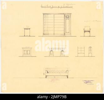 Messel Alfred (1853-1909), Darmstadt Bank für Handel und Industrie, Berlin. Neue Einrichtung (1902-1902): Möbel im Direktorenzimmer. Bleistift auf transparent, 42,5 x 46,8 cm (inklusive Scankanten) Messel Alfred (1853-1909): Darmstädter Bank für Handel und Industrie, Berlin. Neueinrichtung Stockfoto