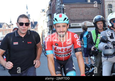 Leuven, Belgien. 07. August 2022. Der Belgier Victor Campenaerts von Lotto Soudal feiert am Sonntag, den 07. August 2022 in und um Leuven die erste Ausgabe des Radrennens „Tour of Leuven“ in Leuven. Nach der WM in der Stadt wird gemeinsam mit den Organisatoren des GP Memorial Jef Scherens ein neues Rennen veranstaltet. Das neue Rennen wurde Tour of Leuven - Memorial Jef Scherens genannt. BELGA FOTO DAVID PINTENS Kredit: Belga Nachrichtenagentur/Alamy Live News Stockfoto