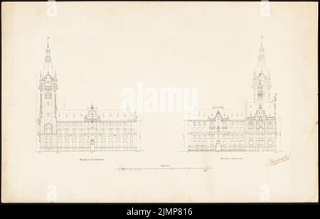 Neckelmann Skjold (1854-1903), Rathaus Stuttgart (1895): 2 Seitenansichten 1: 200. Tinte auf Karton, 63 x 98,3 cm (inklusive Scankanten) Neckelmann Skjold (1854-1903): Rathaus, Stuttgart Stockfoto