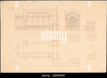 Nohl Maximilian (1830-1863), romanische (evangelische) Kirche. Schinkel-Wettbewerb 1856 (1856): Vorentwurf, Grundriß, Schnitte. Tusche Aquarell auf Papier, 66,2 x 97,4 cm (inklusive Scankanten) Nohl Maximilian (1830-1863): Romanische (evangelische) Kirche. Schinkelwettbewerb 1856 Stockfoto