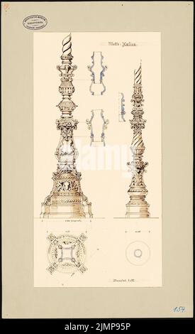 Giesenberg Edgar (1851-1892), Königliche Oper in Berlin. 2 Kerzenleuchter für Gaslaternen (ohne Datum): Grundrisse, Schnitte, Details 1:10. Tusche Aquarell auf der Schachtel, 59,3 x 36,3 cm (inklusive Scan-Kanten) Giesenberg Edgar (1851-1892): Königliche Oper, Berlin. 2 Kandelaber für Gaslateren Stockfoto