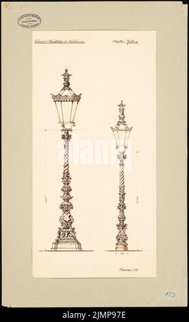 Giesenberg Edgar (1851-1892), Königliche Oper in Berlin. 2 Kerzenleuchter für Gaslaternen (ohne dat.): Ansicht 1:20. Tinte auf Karton, 59,2 x 36,3 cm (inklusive Scankanten) Giesenberg Edgar (1851-1892): Königliche Oper, Berlin. 2 Kandelaber für Gaslateren Stockfoto