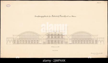 Bull Hubert (1838-1907), Hauptbahnhof Frankfurt am Main. Empfangsgebäude (15. November 1880): Rückansicht 1: 200. Tinte auf Karton, 62,5 x 114,7 cm (einschließlich Scankanten) Stier d. Ä. Hubert (1838-1907): Hauptbahnhof, Frankfurt Am Main. Empfagsgebäude Stockfoto