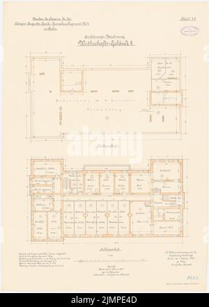 Cousin, Kaserne des Garde-Cuerassier-Regiments und des Königin-Garde-Grenadier-Regiments Nr. 4, Berlin (1895-1897): Garde-Curassier-Regiment, Farmgebäude II: Grundrisskeller, Dachgeschoss 1: 100. Lithographie auf der Schachtel, 73 x 52,1 cm (inklusive Scan-Kanten) Vetter : Kaserne des Garde-Kürassier-Regiments und des Königin-Augusta-Garde-Grenadier-Regiments Nr. 4, Berlin Stockfoto