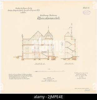 Cousin, Kaserne des Garde-Kürassier-Regiments und des Königin-Augusta-Garde-Grenadier-Regiments Nr. 4, Berlin (1895-1897): Garde-Kürassier-Regiment, Offiziersfütterung: Querschnitte 1: 100. Lithographie auf Karton, 54,7 x 56,6 cm (inklusive Scankanten) Vetter : Kaserne des Garde-Kürassier-Regiments und des Königin-Augusta-Garde-Grenadier-Regiments Nr. 4, Berlin Stockfoto