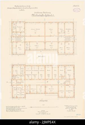 Cousin, Kaserne des Garde-Cuerassier-Regiments und des Queen-Garde-Grenadier-Regiments Nr. 4, Berlin (1895-1897): Garde-Curassier-Regiment, Geschäftsgebäude I: Grundriß Keller, EG 1: 100. Lithographie auf der Schachtel, 73 x 52 cm (inklusive Scan-Kanten) Vetter : Kaserne des Garde-Kürassier-Regiments und des Königin-Augusta-Garde-Grenadier-Regiments Nr. 4, Berlin Stockfoto