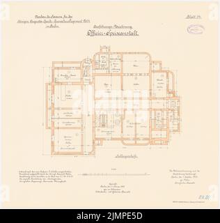 Cousin, Kaserne des Garde-Cuerassier-Regiments und des Königin-Augusta-Garde-Grenadier-Regiments Nr. 4, Berlin (1895-1897): Garde-Curassier-Regiment, Officer-Fearing Institute: Grundriss Keller Etage 1: 100. Lithographie auf der Schachtel, 53,6 x 56,4 cm (inklusive Scan-Kanten) Vetter : Kaserne des Garde-Kürassier-Regiments und des Königin-Augusta-Garde-Grenadier-Regiments Nr. 4, Berlin Stockfoto