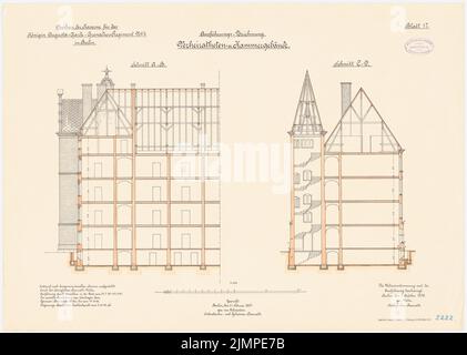 Cousin, Kaserne des Garde-Cuerassier-Regiments und des Königin-Augusta-Garde-Grenadier-Regiments Nr. 4, Berlin (1895-1897): Garde-Curassier-Regiment, verheiratete Kammergebäude: Querschnitt, Längsschnitt 1: 100. Lithographie auf der Schachtel, 52 x 72,9 cm (inklusive Scan-Kanten) Vetter : Kaserne des Garde-Kürassier-Regiments und des Königin-Augusta-Garde-Grenadier-Regiments Nr. 4, Berlin Stockfoto