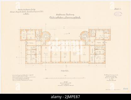 Cousin, Kaserne des Garde-Cuerassier-Regiments und des Königin-Augusta-Grenadier-Regiments Nr. 4, Berlin (1895-1897): Garde-Curassier-Regiment, verheiratet Kammergebäude: Grundriß 1: 100. Lithographie auf Karton, 52,5 x 73 cm (inklusive Scankanten) Vetter : Kaserne des Garde-Kürassier-Regiments und des Königin-Augusta-Garde-Grenadier-Regiments Nr. 4, Berlin Stockfoto