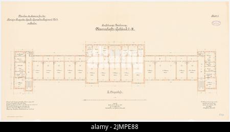 Cousin, Kaserne des Garde-Cuerassier-Regiments und des Königin-Guta-Grenadier-Regiments Nr. 4, Berlin (1895-1897): Garde-Curassier-Regiment, Teamgebäude I-III: Grundriss 1: 100. Lithographie auf der Schachtel, 61,6 x 116 cm (inklusive Scan-Kanten) Vetter : Kaserne des Garde-Kürassier-Regiments und des Königin-Augusta-Garde-Grenadier-Regiments Nr. 4, Berlin Stockfoto