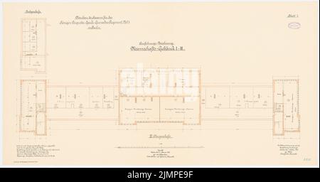 Cousin, Kaserne des Garde-Cuerassier-Regiments und des Königin-Augusta-Garde-Grenadier-Regiments Nr. 4, Berlin (1895-1897): Garde-Curassier-Regiment, Mannschaftsgebäude I-III: Grundriß 1: 100. Lithographie auf der Schachtel, 61,4 x 116,8 cm (inklusive Scan-Kanten) Vetter : Kaserne des Garde-Kürassier-Regiments und des Königin-Augusta-Garde-Grenadier-Regiments Nr. 4, Berlin Stockfoto