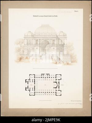 Hoffmann Ludwig (1852-1932), Konzertsaal im Park (02,1878): Seitenansicht, Grundriß z. B. Tusche Aquarell auf der Schachtel, 76,6 x 60,1 cm (inklusive Scan-Kanten) Hoffmann Ludwig (1852-1932): Konzertsaal im Park Stockfoto