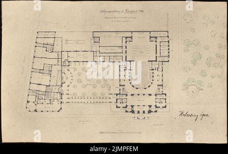 Seeling Heinrich (1852-1932), Schauspielhaus in Frankfurt/Main (1902): Grundriss EG mit Lageplan. Farbstift über einem Bruch auf der Schachtel, 30 x 47,4 cm (inklusive Scankanten) Versiegelung Heinrich (1852-1932): Schauspielhaus, Frankfurt/Main Stockfoto