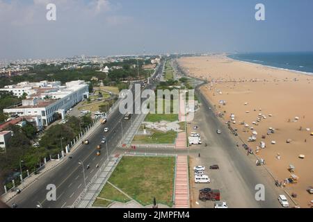 Marina Beach chennai Stadt tamil nadu indien Bucht von bengal madras Blick vom Lichthaus Stockfoto