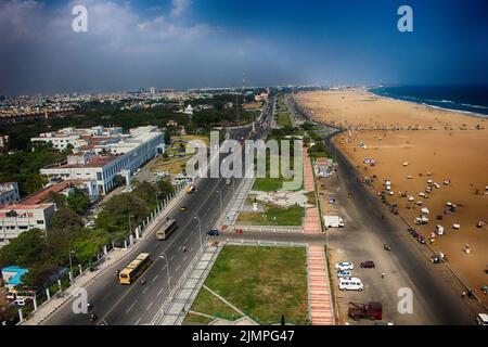 Marina Beach chennai Stadt tamil nadu indien Bucht von bengal madras Blick vom Lichthaus Stockfoto
