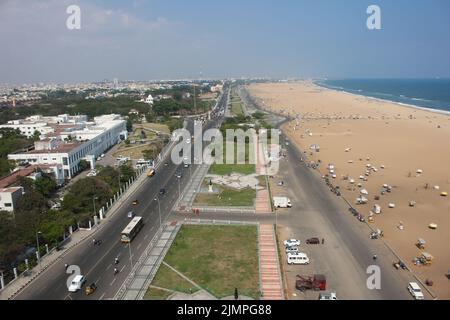 Marina Beach chennai Stadt tamil nadu indien Bucht von bengal madras Blick vom Lichthaus Stockfoto