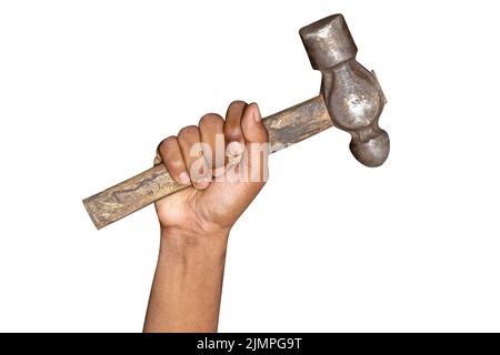 Hand-Mann-Holdinghammer auf weißem Hintergrund Stockfoto