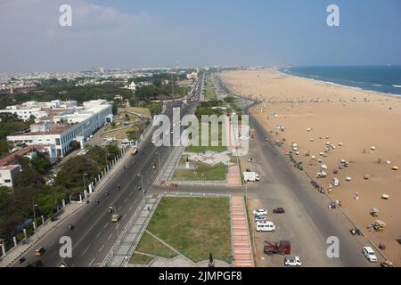 Marina Beach chennai Stadt tamil nadu indien Bucht von bengal madras Blick vom Lichthaus Stockfoto