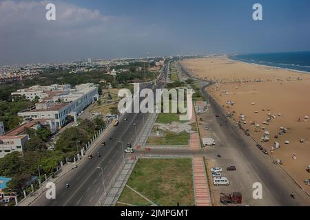 Marina Beach chennai Stadt tamil nadu indien Bucht von bengal madras Blick vom Lichthaus Stockfoto