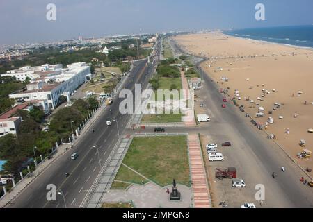 Marina Beach chennai Stadt tamil nadu indien Bucht von bengal madras Blick vom Lichthaus Stockfoto