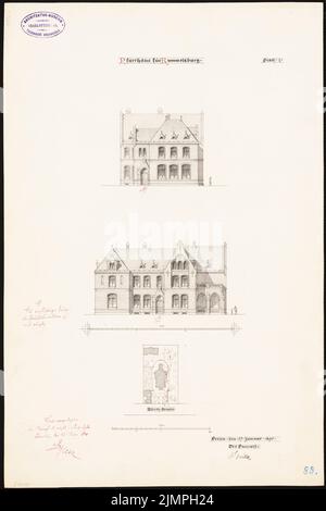 Spitta Max (1842-1902), Pfarrhaus der Erlöserkirche in Berlin-Rummelsburg (25. Januar 1890): Je nach Plan, 2 Ansichten. Tinte, Tinte farbig auf Karton, 50,1 x 33,3 cm (inklusive Scankanten) Spitta Max (1842-1902): Pfarrhaus der Erlöserkirche, Berlin-Rummelsburg Stockfoto