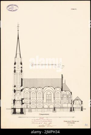 Spitta Max (1842-1902), Evangelische Erlöserkirche in Berlin-Rummelsburg (20. Februar 1890): Längsschnitt. Tinte auf Karton, 49,2 x 34,8 cm (inklusive Scankanten) Spitta Max (1842-1902): Evangelische Erlöserkirche, Berlin-Rummelsburg Stockfoto