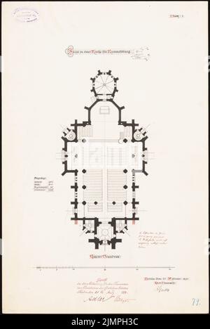 Spitta Max (1842-1902), Evangelische Erlöserkirche in Berlin-Rummelsburg (20.02.1890): Grundriß. Tinte, Tinte farbig auf Karton, 48,3 x 32,4 cm (inklusive Scankanten) Spitta Max (1842-1902): Evangelische Erlöserkirche, Berlin-Rummelsburg Stockfoto