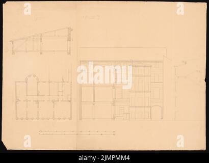 Knoblauch Eduard (1801-1865), Brandenburg, Berlin (1852?): Grundrisse, Schnitte, Rückansicht. Tusche Aquarell, 57,5 x 78,6 cm (inklusive Scan-Kanten) Knoblauch Eduard (1801-1865): Brandenburgischer Provinziallandtag, Berlin Stockfoto