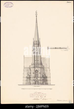 Hase Conrad Wilhelm (1818-1902), Evangelische Erlöserkirche in Berlin-Rummelsburg (05.01.1890): Turmanicht 1: 200. Tinte auf Karton, 49,4 x 34,9 cm (inklusive Scankanten) Hase Conrad Wilhelm (1818-1902): Evangelische Erlöserkirche, Berlin-Rummelsburg Stockfoto