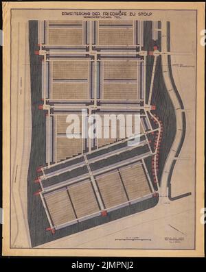 Barth Erwin (1880-1933), Erweiterung der Friedhöfe in Stolp/Pommern (05,1930): 41169: Grundriß des nordwestlichen Teils des geplanten Friedhofs mit Höhenlinien und Planung. Tintenfarben, wasserfarben, über einer Bruchstelle auf der Schachtel, 118 x 93,8 cm (inklusive Scankanten) Barth Erwin (1880-1933): Erweiterung der Friedhöfe, Stolp Stockfoto