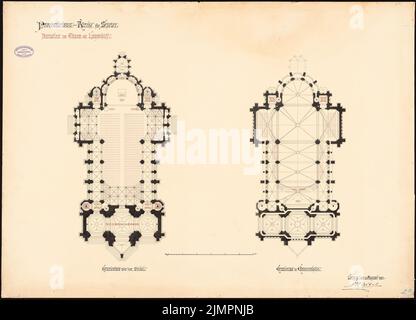 Hartel August (1844-1890), Protestationkirche Speyer (31.08.1884): Grundriß mit Varianten im Turm und Langschiff (bis Inv 1713) 1: 160. Tinte, Tinte farbig auf Karton, 70,1 x 97,1 cm (inklusive Scankanten) Hartel August (1844-1890): Protestationskirche, Speyer Stockfoto