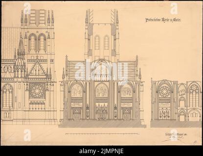 Hartel August (1844-1890), Protestationkirche Speyer (31.08.1884): Turmfassade, Längs- und Querschnitt des Turms 1: 160. Tinte auf Karton, 70,3 x 97,1 cm (inklusive Scankanten) Hartel August (1844-1890): Protestationskirche, Speyer Stockfoto