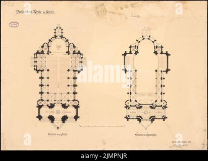 Hartel August (1844-1890), Protestationkirche Speyer (31.08.1884): Grundrisse über der Basis und in der Galerie-Höhe 1: 160. Tinte, Tinte farbig auf Karton, 70,1 x 96,4 cm (inklusive Scankanten) Hartel August (1844-1890): Protestationskirche, Speyer Stockfoto