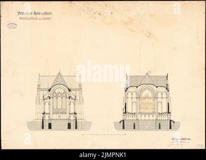 Hartel August (1844-1890), Protestationkirche Speyer (31.08.1884): Querschnitt durch den Altarraum und die Orgelgalerie (Variante) im Turm und Langschiff (auf Inv.Nr. 1722) 1: 160. Tinte, Tinte farbig auf Karton, 70,2 x 96,6 cm (inklusive Scankanten) Hartel August (1844-1890): Protestationskirche, Speyer Stockfoto