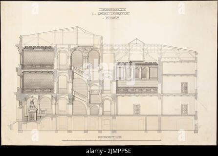 Herrmann Heinrich Ludwig Alexander (1821-1889), Geschäftsgebäude für das Königliche Landgericht Potsdam (1881-1881): Längsschnitt A-B, Innenansicht. Tusche Aquarell auf Papier, 63,5 x 94,5 cm (inklusive Scankanten) Herrmann Heinrich Ludwig Alexander (1821-1889): Geschäftsgebäude für das königliche Landgericht, Potsdam Stockfoto