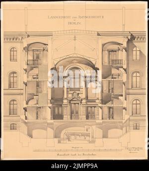 Herrmann Heinrich Ludwig Alexander (1821-1889), Kreis- und Amtsgericht II in Berlin (1884): Querschnitt durch das Zwischengebäude 1:50. Tusche Aquarell auf Papier, 60,4 x 55,9 cm (inklusive Scankanten) Herrmann Heinrich Ludwig Alexander (1821-1889): Land- und Amtsgericht II, Berlin Stockfoto