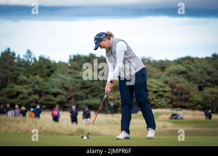 Die Südafrikanerin Ashleigh Buhai am vierten Tag der AIG Women's Open im Muirfield in Gullane, Schottland, auf dem Grün von 7.. Bilddatum: Sonntag, 7. August 2022. Stockfoto
