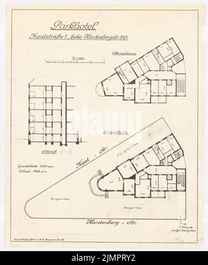 Poelzig Hans (1869-1936), Parkhotel in der Kantstraße 1/ Hardenbergstraße 29, Berlin-Charlottenburg. Umbau (1926): Grundriss EG, OG, Lageplan 1: 100. Bleistift über Lichtbruch auf Papier, 45,2 x 37,5 cm (inklusive Scankanten) Poelzig Hans (1869-1936): Parkhotel auf dem Grundstück Kantstraße 1/ Hardenbergstraße 29, Berlin-Charlottenburg. Umbau Stockfoto