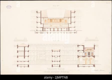 Strack & Herrmann, Reichstag, Berlin. Erster Wettbewerb (1872): Cuts S-T, X-Y. Tusche Aquarell auf der Schachtel, 68,2 x 101,9 cm (inklusive Scankanten) Strack & Herrmann : Reichstag, Berlin. Erster Wettbewerb Stockfoto