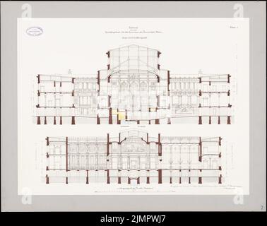 Rowald Paul (1850-1920), Geschäftsgebäude für das preußische Herrenhaus, Berlin (20.08.1878): 2 Längsschnitte. Tusche Aquarell auf der Schachtel, 57,6 x 72,6 cm (inklusive Scankanten) Rowald Paul (1850-1920): Geschäftshaus für das Preußische Herrenhaus, Berlin Stockfoto