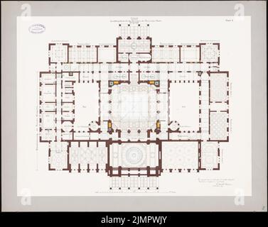 Rowald Paul (1850-1920), Geschäftsgebäude für das preußische Herrenhaus, Berlin (20.08.1878): Grundriss OG 1: 150. Tusche, Tusche farbig, Aquarell auf Karton, 58,7 x 73,8 cm (inklusive Scankanten) Rowald Paul (1850-1920): Geschäftshaus für das Preußische Herrenhaus, Berlin Stockfoto