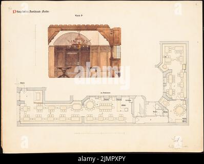 Schäfer Carl (1844-1908), Pfungstädter Bank, Berlin (15. Juni 1886): Grundriß Möbel, Wandansicht. Tusche, Bleistift, Tusche farbig, Aquarell auf Karton, 50,9 x 67,5 cm (inklusive Scankanten) Schäfer Carl (1844-1908): Pfungstädter Aussschank, Berlin Stockfoto