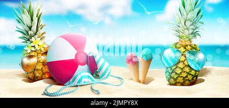 Kreative Ananas mit Sonnenbrille auf Sommerhintergrund. Stockfoto