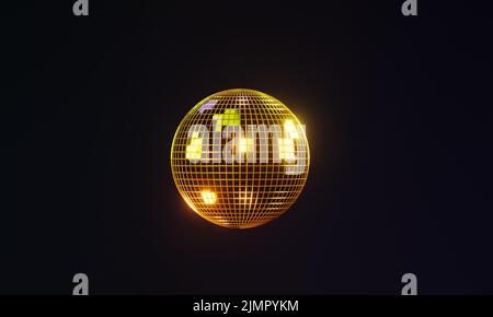 3D Render von goldener glühender und reflektierender Diskokugel isoliert auf schwarzem Hintergrund Stockfoto