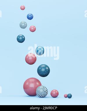 Bunte Kugeln und Spielzeug auf blauem Hintergrund, 3D Render Stockfoto