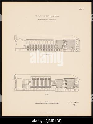 Wille Wilhelm (1877-1929), Museumsinsel, Berlin. Neue Gebäude auf der Museumsinsel. (Aus: Museum im Wetten) (05.01.1921): Längsschnitte durch den Südflügel, Maßstab 1: 500. Lithographie, 43,2 x 34 cm (inklusive Scan-Kanten) Wille Wilhelm (1877-1929): Pergamon-, Deutsches und Vorderasiatisches Museum auf der Museumsinsel, Berlin. (From: Museum im Werden) Stockfoto