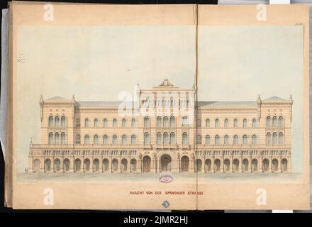 Hude Hermann von der (1830-1908), Berliner Rathaus (rotes Rathaus). Schinkel-Wettbewerb 1857 (1857): Riss-Seitenansicht (von der Spandauer Straße); Scale-Bar. Tusche Aquarell auf der Schachtel, 62,9 x 92,3 cm (inklusive Scan-Kanten) Hude Hermann von der (1830-1908): Berliner Rathaus. Schinkelwettbewerb 1857 Stockfoto